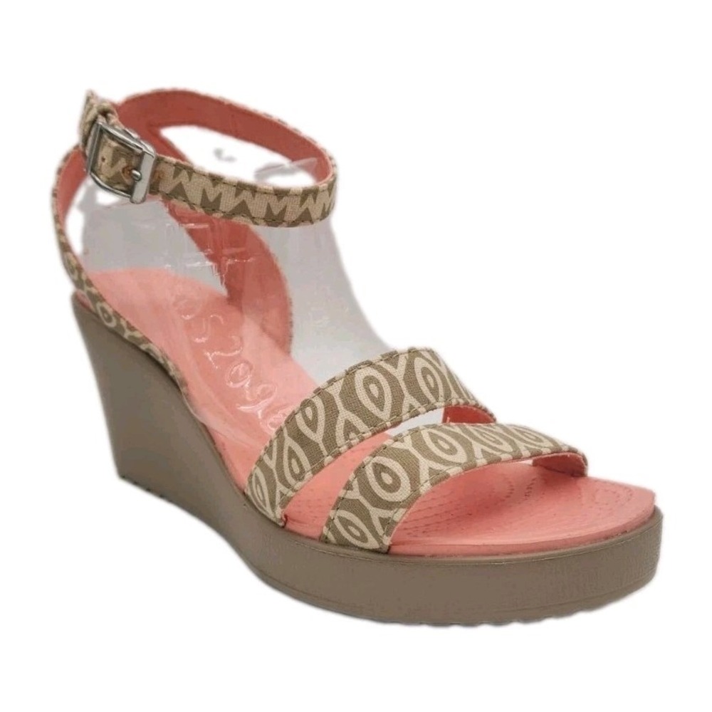 Crocs Leigh Graphic Wedge Sandal In Tumbleweed Brown Coral Sz Womens 10